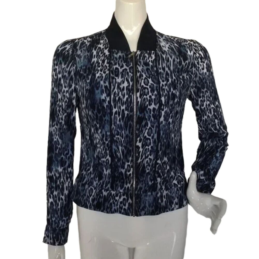 CACHE Jacket, 4, Blue Leopard print, Zipper front, Collar, Snap cuffs